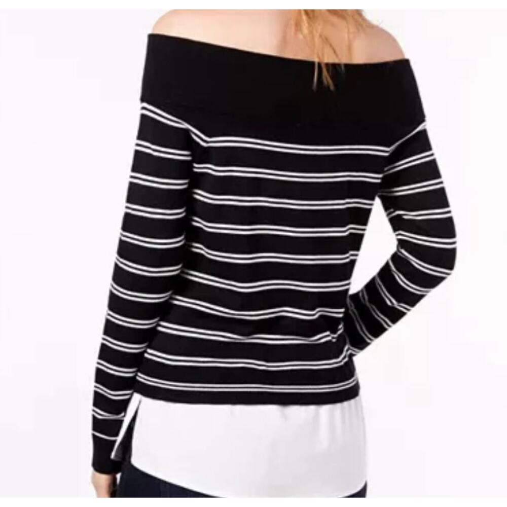 INC International Concepts B/W Striped Off Shoulder Layered Sweater Shirt, Sz L - Picture 8 of 10